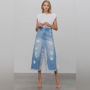 Long Denim Sheer Panel Distressed Skirt. NWT